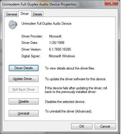 Unimodem Audio Driver Missing